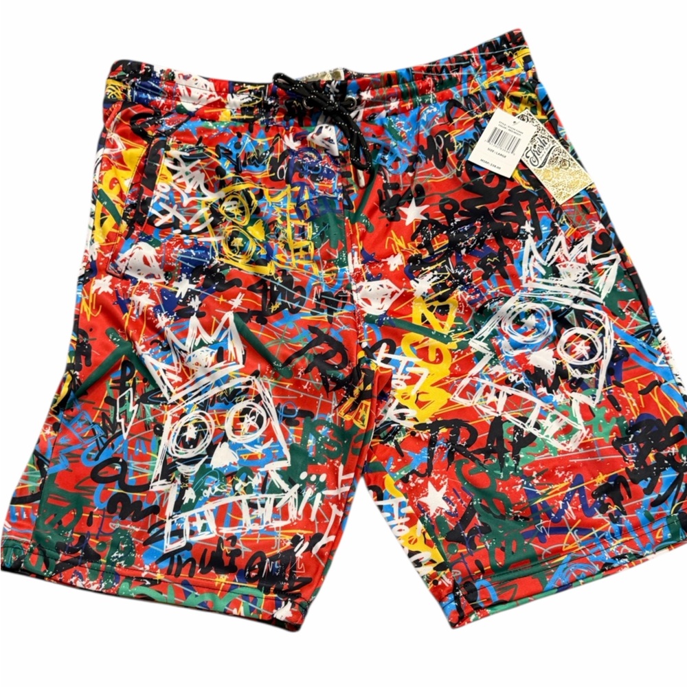 Fresh Graffiti Print Shorts Red Multicolor Streetwear Drawstring Men 1-L‎ 1-XL